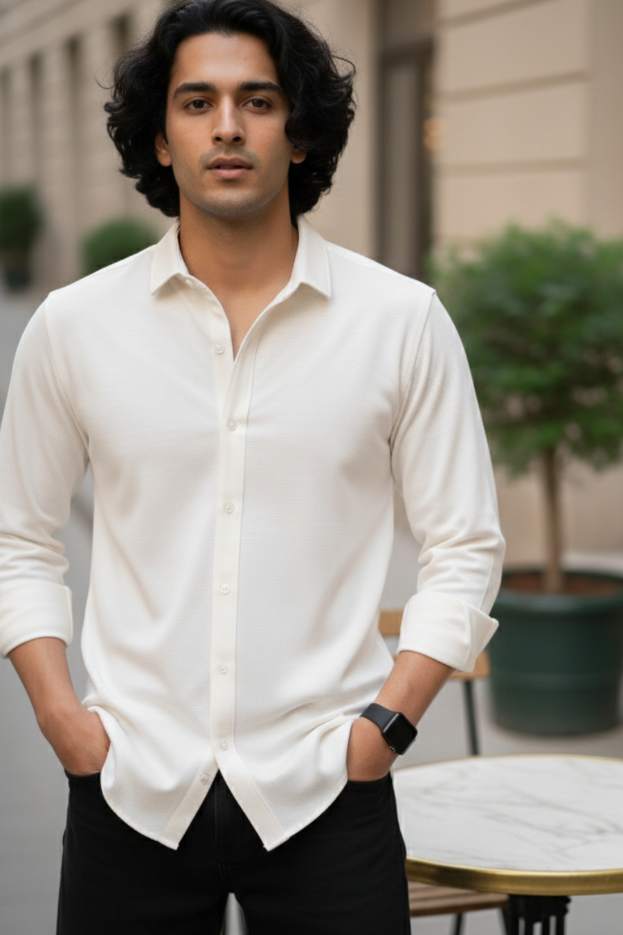 Signature White Solid Mercerised Piqué Cotton Shirt