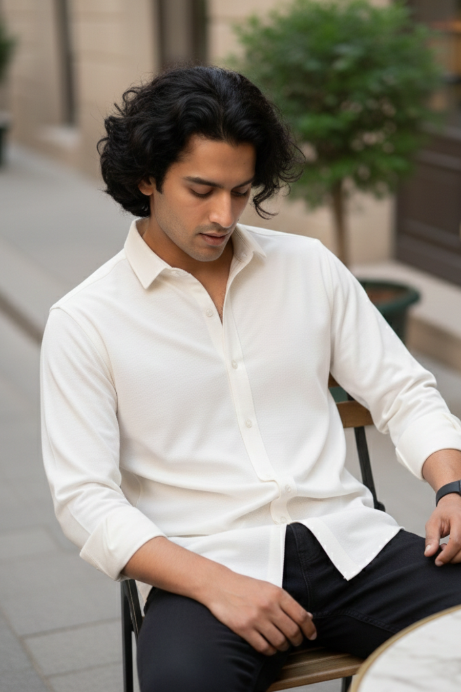 Signature White Solid Mercerised Piqué Cotton Shirt
