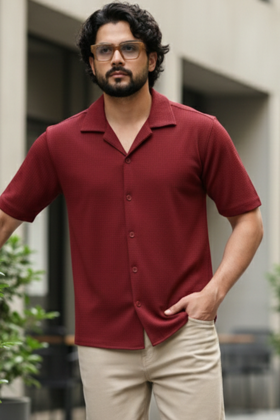 Radiant Revelry Solid Maroon Cuban Collared Half Shirt