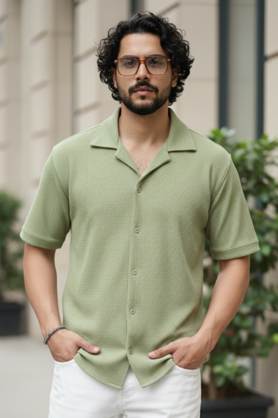 Radiant Revelry Solid Light Olive Cuban Collared Half Shirt
