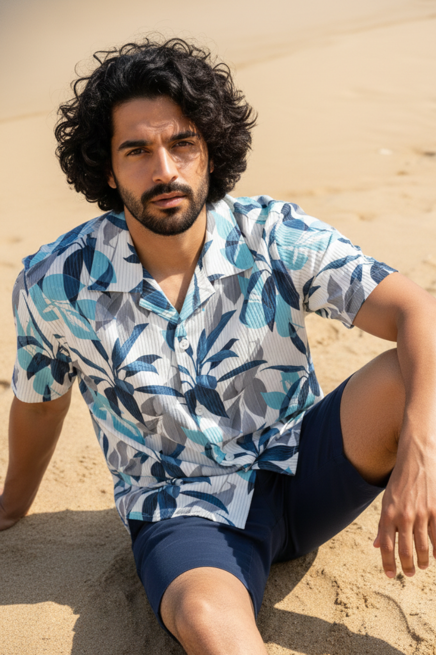 Nova White Floral Printed Corduroy Cuban Collar Half Sleeves Shirt