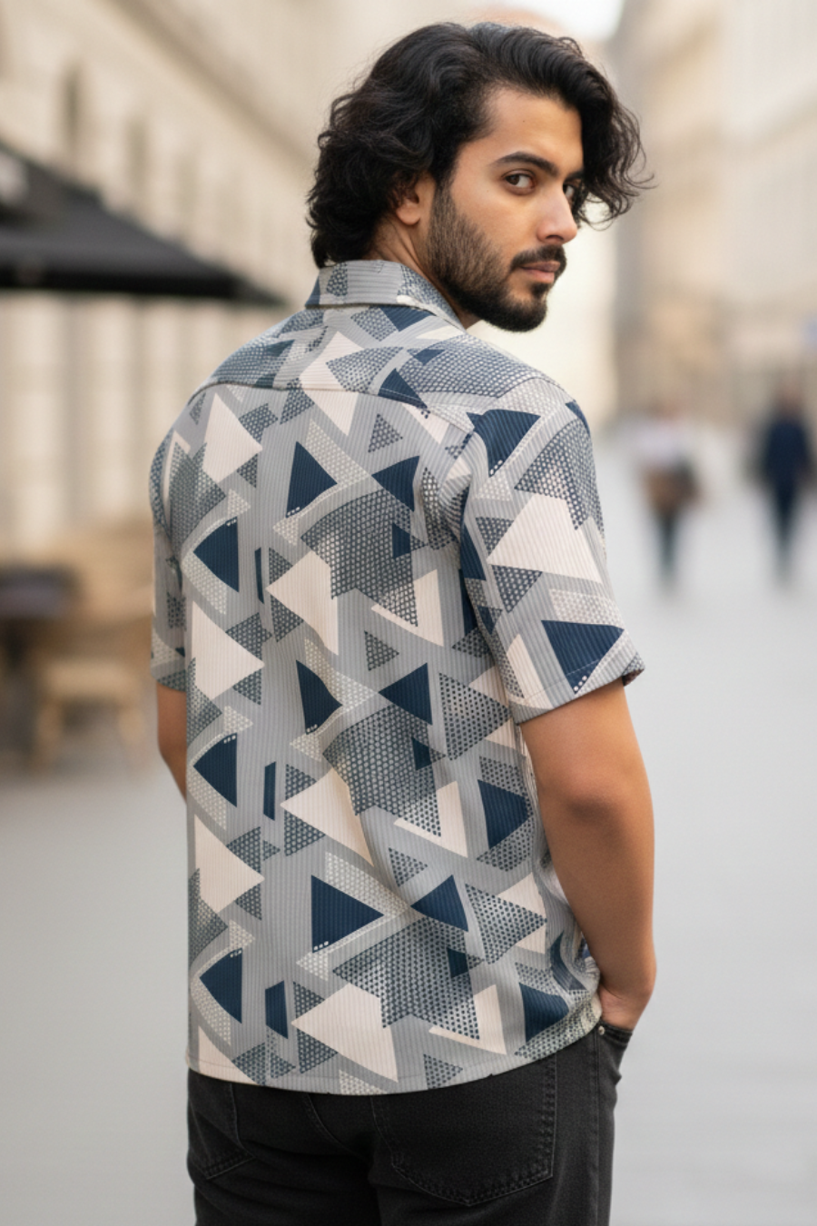 Bloom Breeze Grey Printed Corduroy Cuban Collar Half Sleeves Shirt