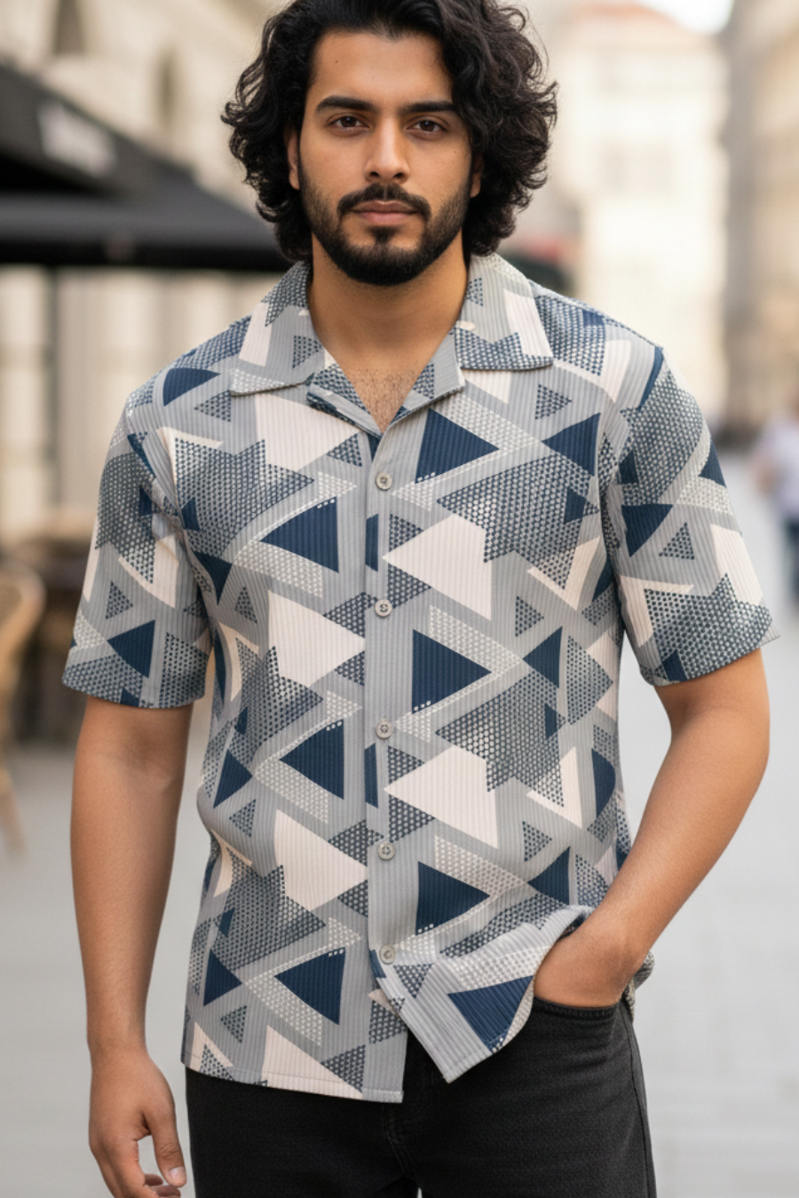 Bloom Breeze Grey Printed Corduroy Cuban Collar Half Sleeves Shirt