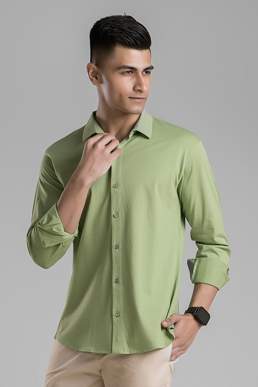 Signature Light Green Solid Mercerised Piqué Cotton Shirt