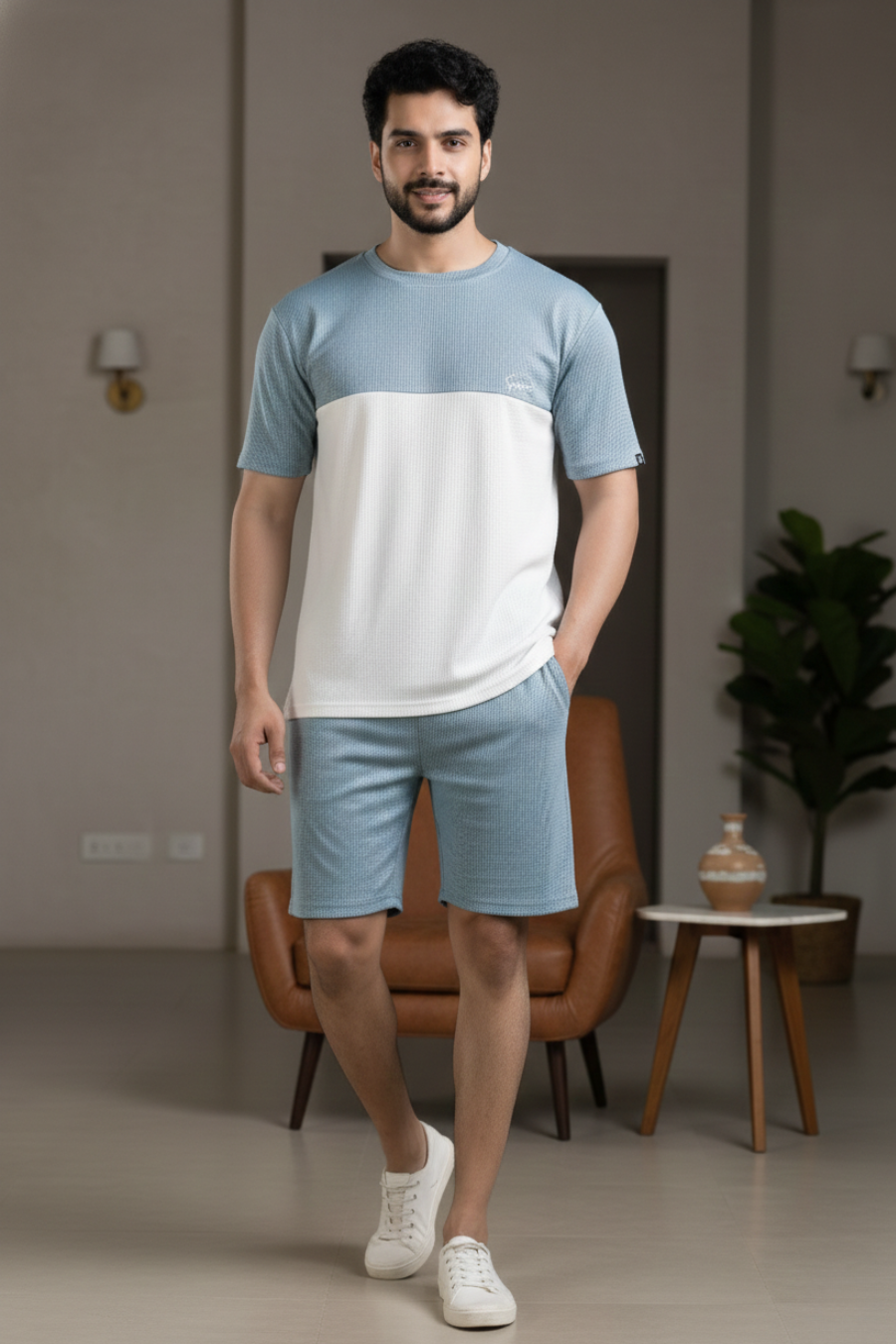 Essence Mint Blue & White Half Sleeves Tee & Shorts Co-Ord Set