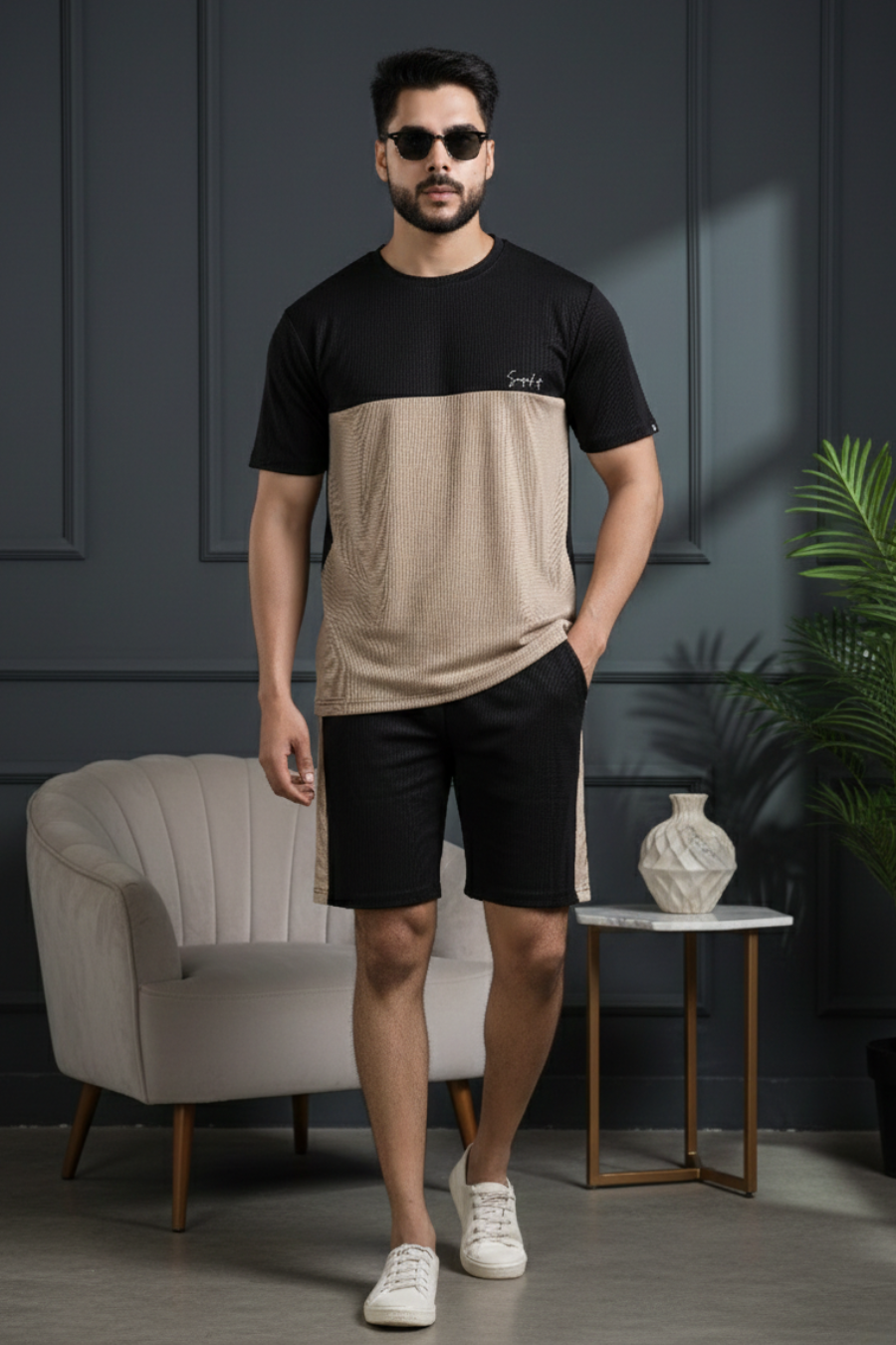 Essence Black & Beige Half Sleeves Tee & Shorts Co-Ord Set