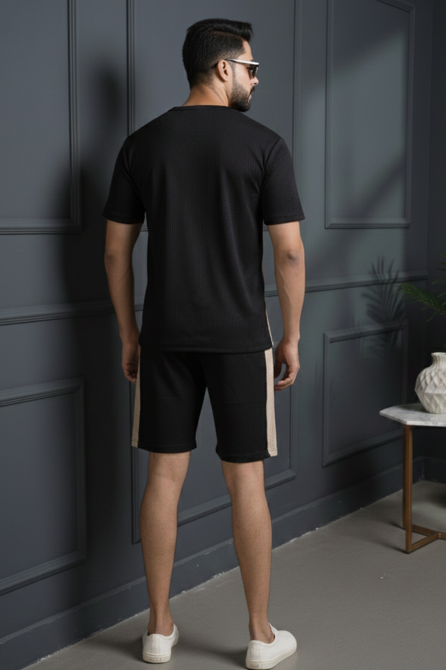 Essence Black & Beige Half Sleeves Tee & Shorts Co-Ord Set