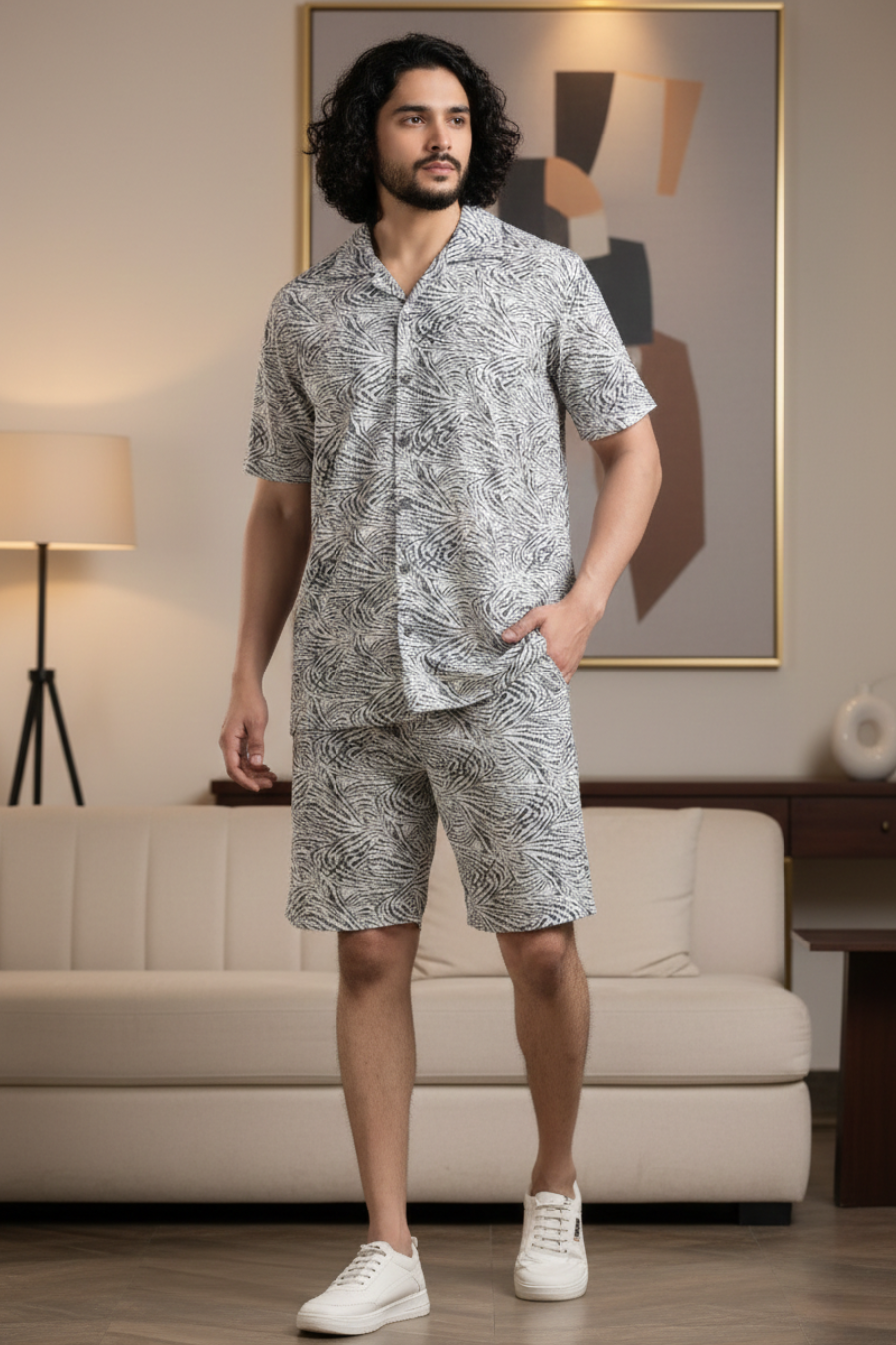 Tropic Vibes Grey Co-Ord Set – All Over Printed Half Shirt & Shorts