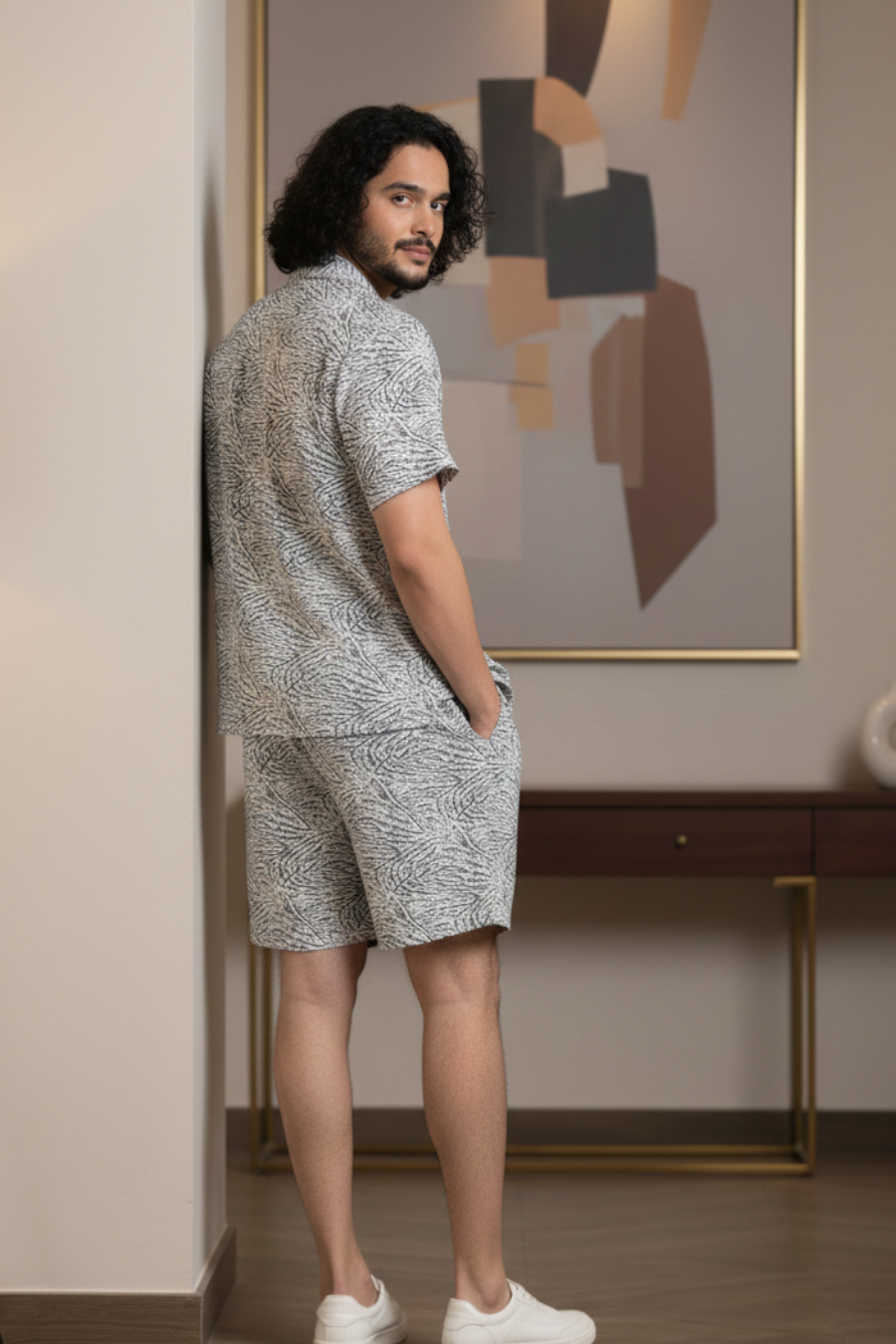 Tropic Vibes Grey Co-Ord Set – All Over Printed Half Shirt & Shorts