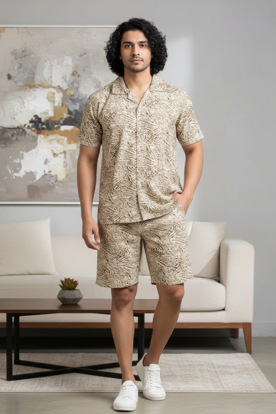 Tropic Vibes Dark Cream Co-Ord Set – All Over Printed Half Shirt & Shorts