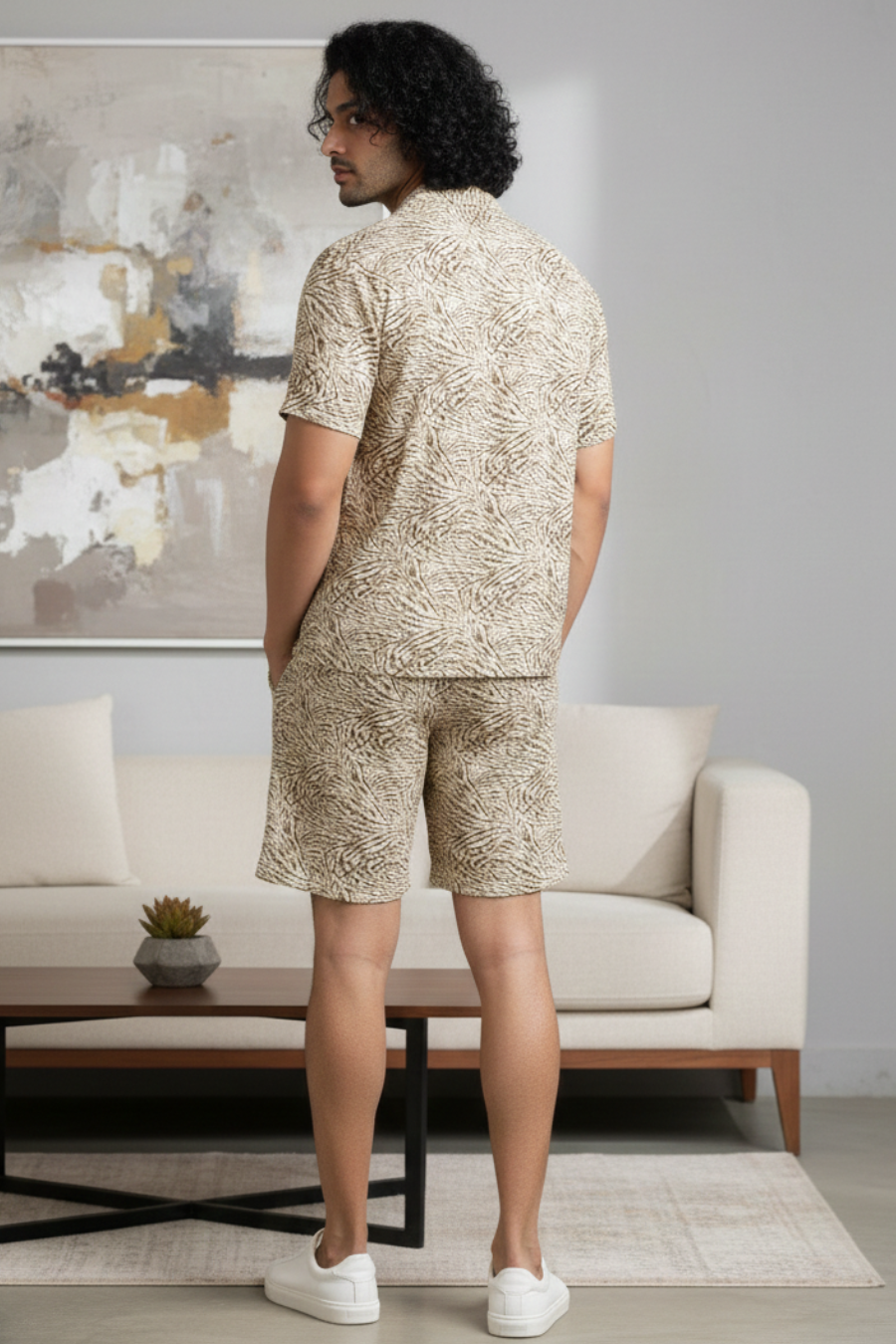 Tropic Vibes Dark Cream Co-Ord Set – All Over Printed Half Shirt & Shorts