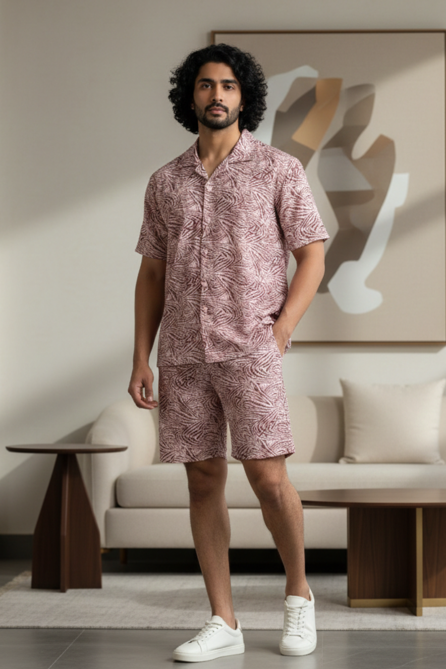 Tropic Vibes Peach Co-Ord Set – All Over Printed Half Shirt & Shorts