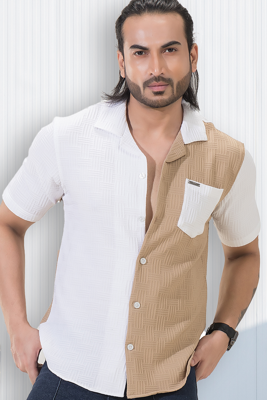 Fusion Flare White & Beige Dual Color Half Sleeves Shirt