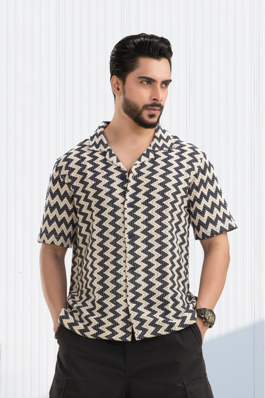 Zigzag Flair Navy Cuban Collar Cotton Jacquard Shirt