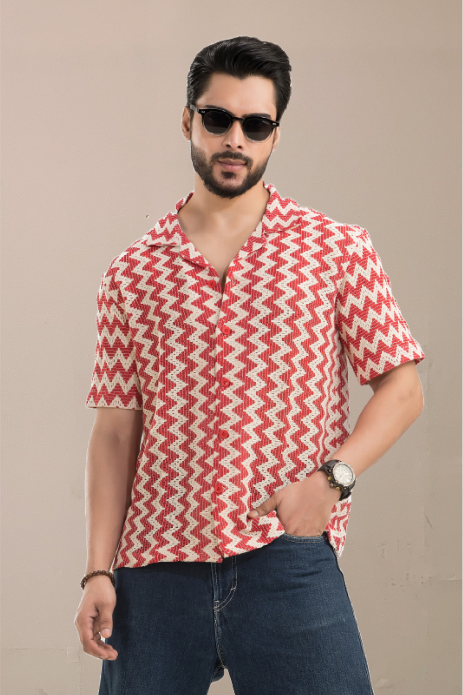 Zigzag Flair Red Cuban Collar Cotton Jacquard Shirt