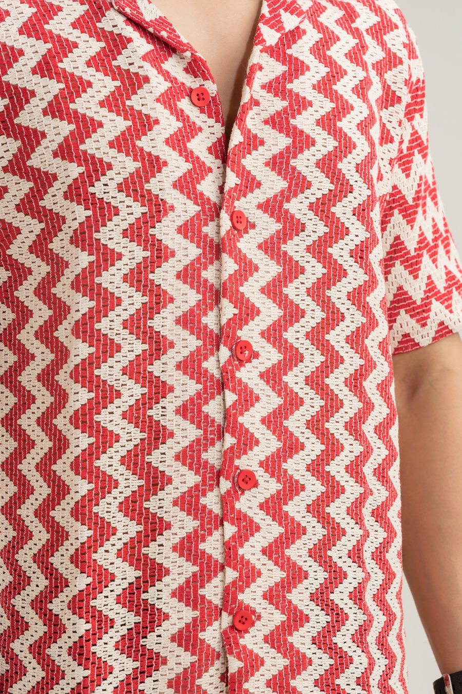 Zigzag Flair Red Cuban Collar Cotton Jacquard Shirt