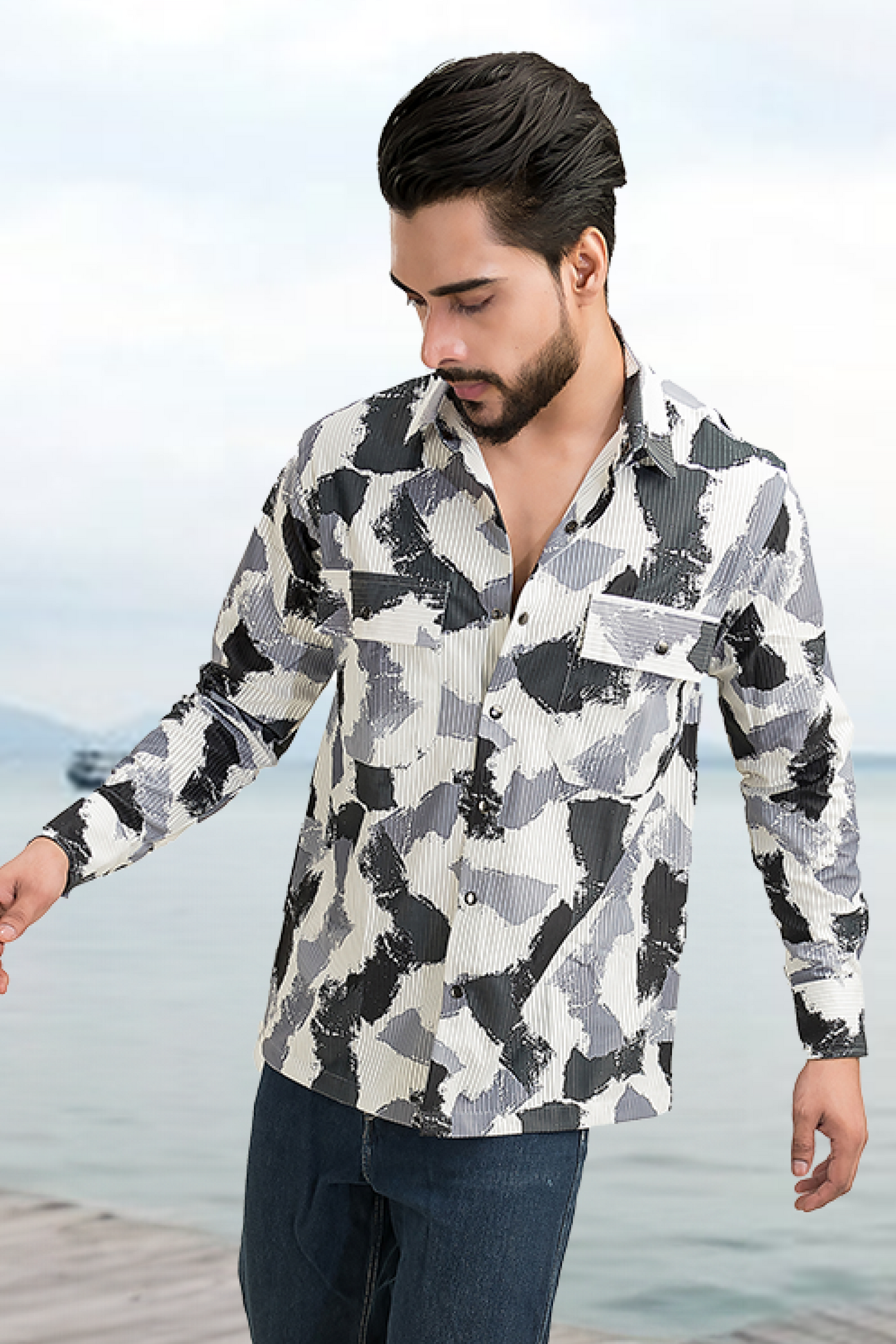 Regal Wave White & Black Printed Corduroy Full Sleeves Shacket