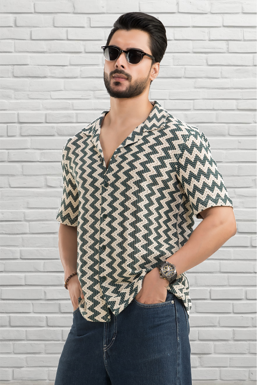 Zigzag Flair Bottlegreen Cuban Collar Cotton Jacquard Shirt