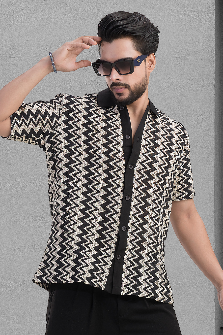 Summit White & Black Zig Zag Cotton Jacquard Half Shirt