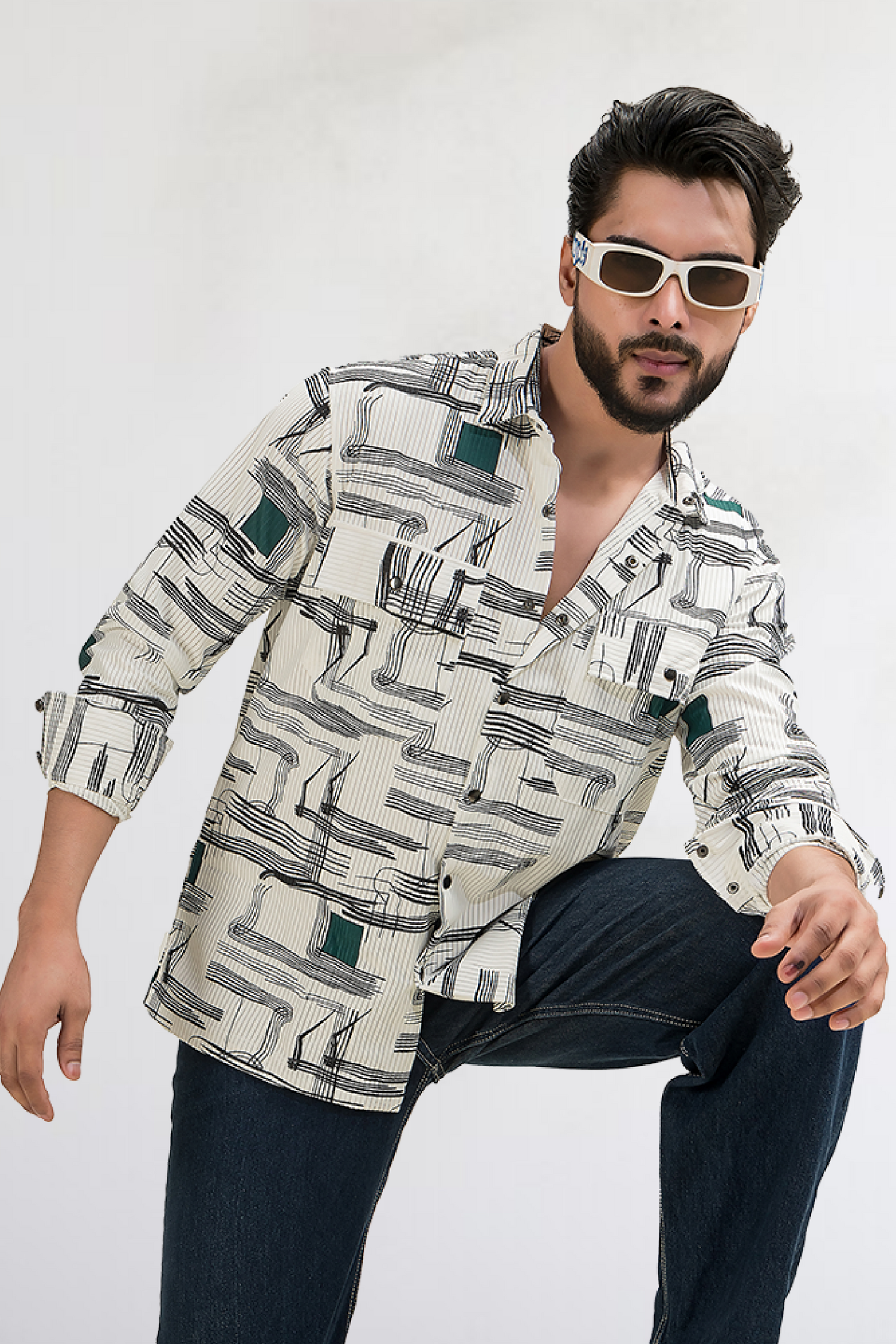 Urban Quill White & Green Printed Corduroy Full Sleeves Shacket