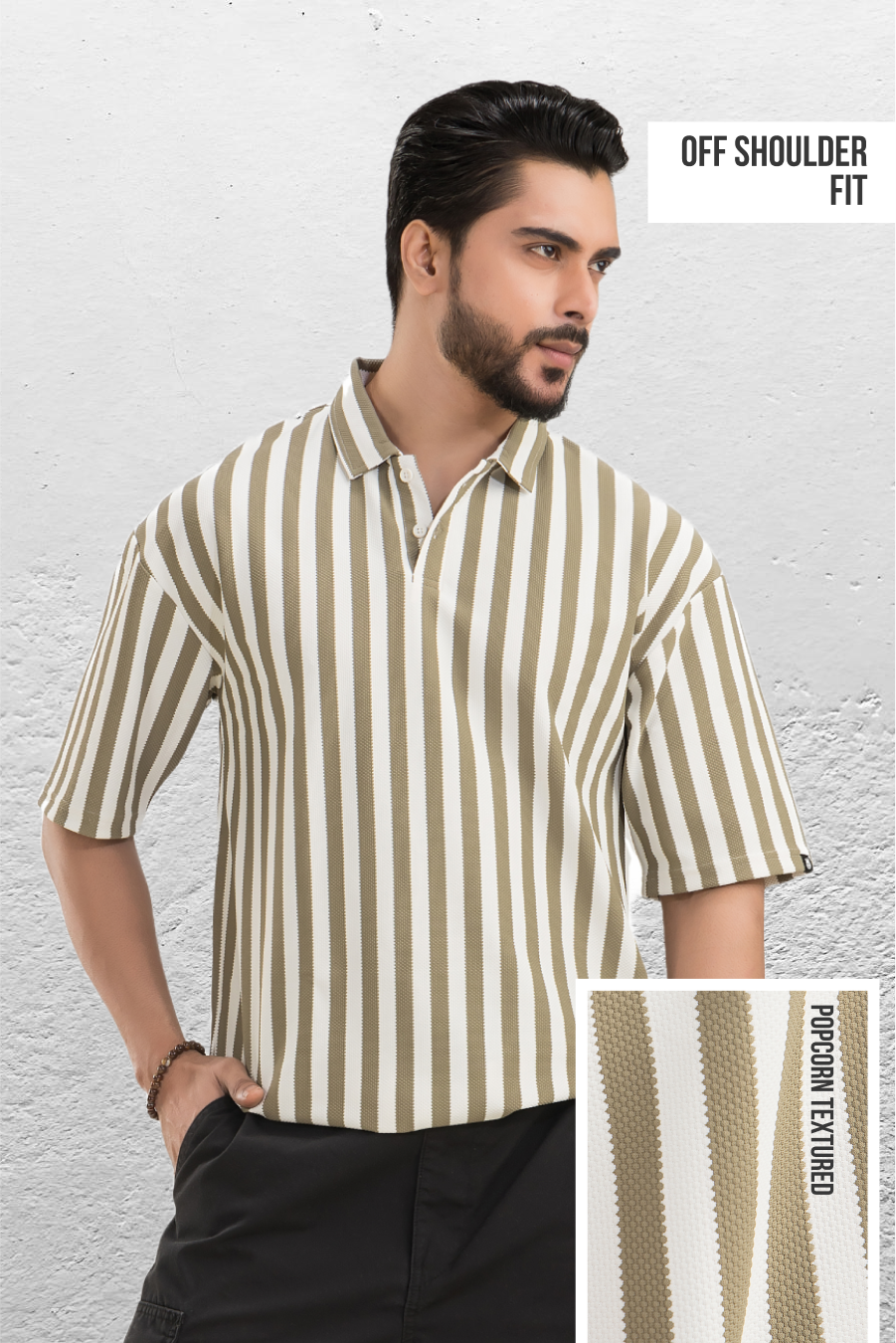 Imperial Olive Striped Off Shoulder Polo T-Shirt