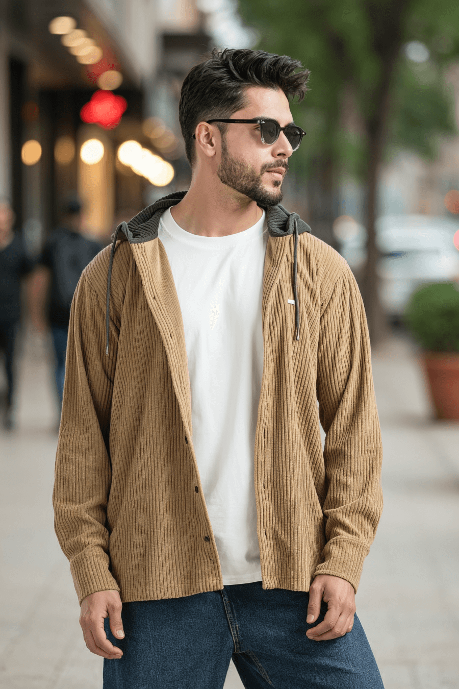 Urbanist Beige Corduroy Hooded Shacket