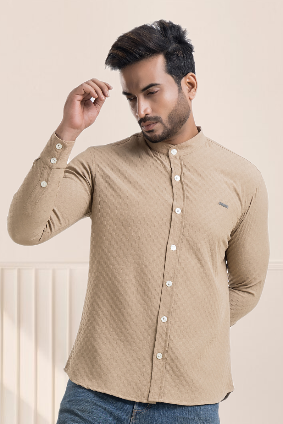 Stride Beige Full-Sleeve Mandarin Collar Shirt