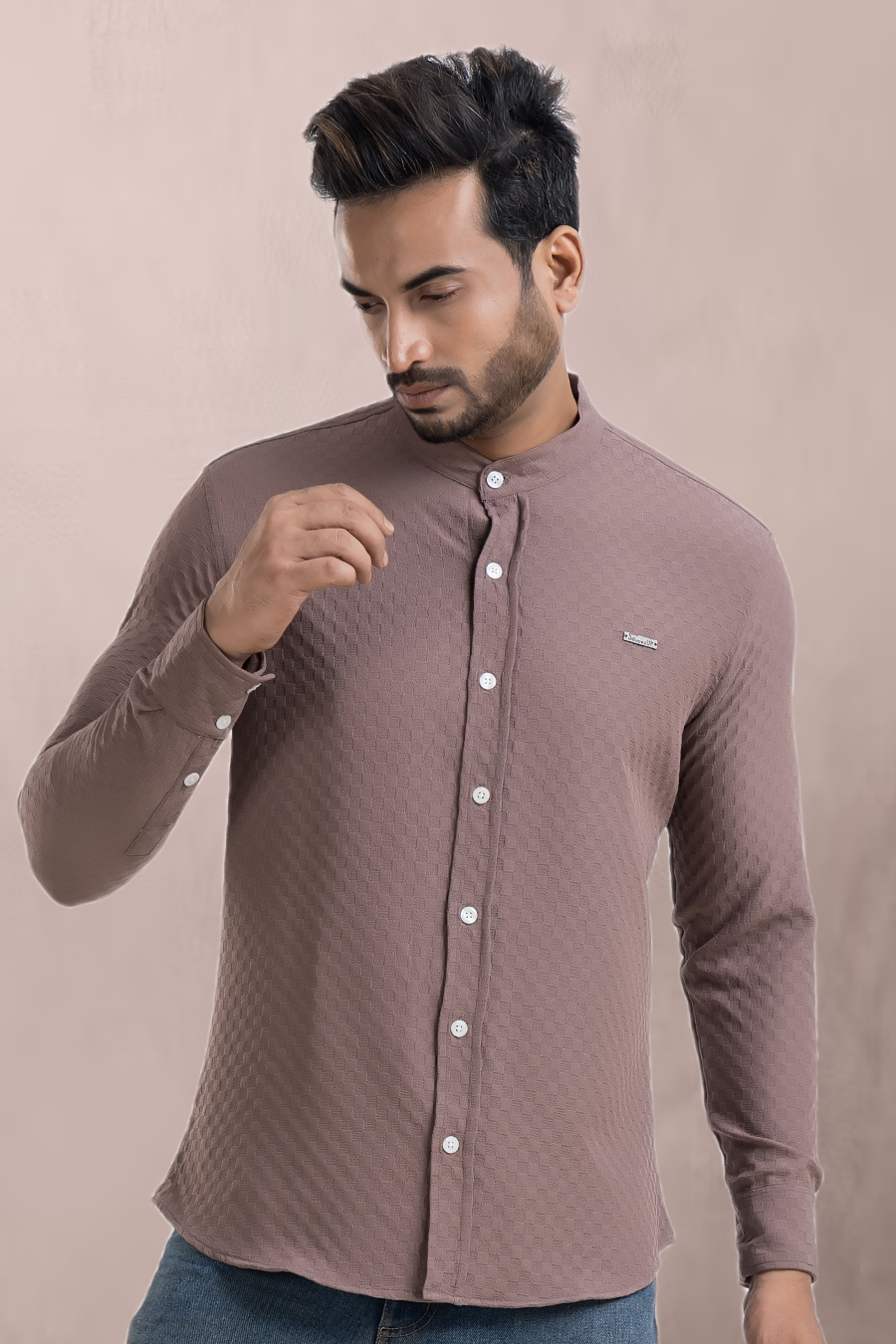 Stride Mauve Full-Sleeve Mandarin Collar Shirt