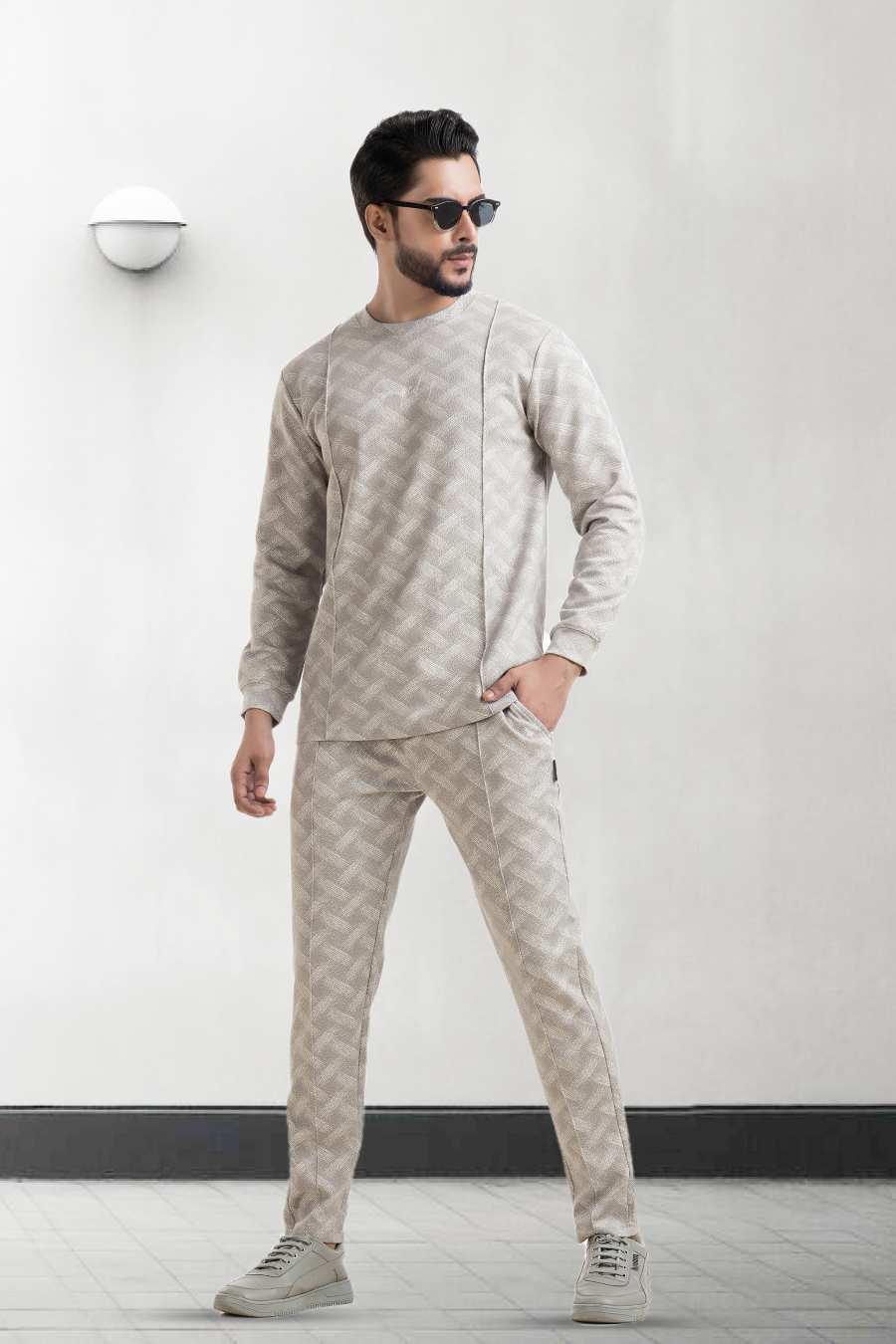 Everyday Ease Light Grey Printed Co-Ord Set – Full Sleeve T-Shirt & Joggers