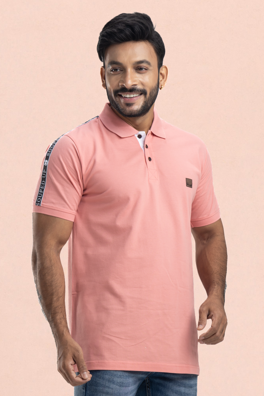 Solid Peach Half Sleeves Cotton Polo T-Shirt