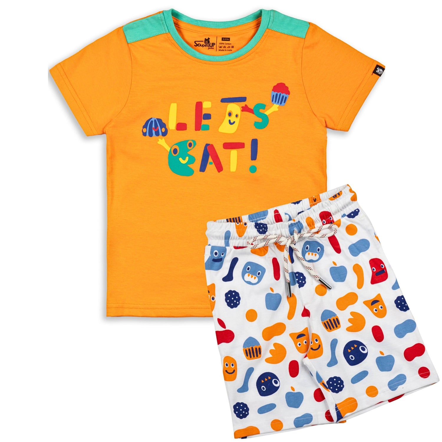 Let's Eat Carrot Orange Printed Boys T-Shirt with White Shorts 2-8 Yrs