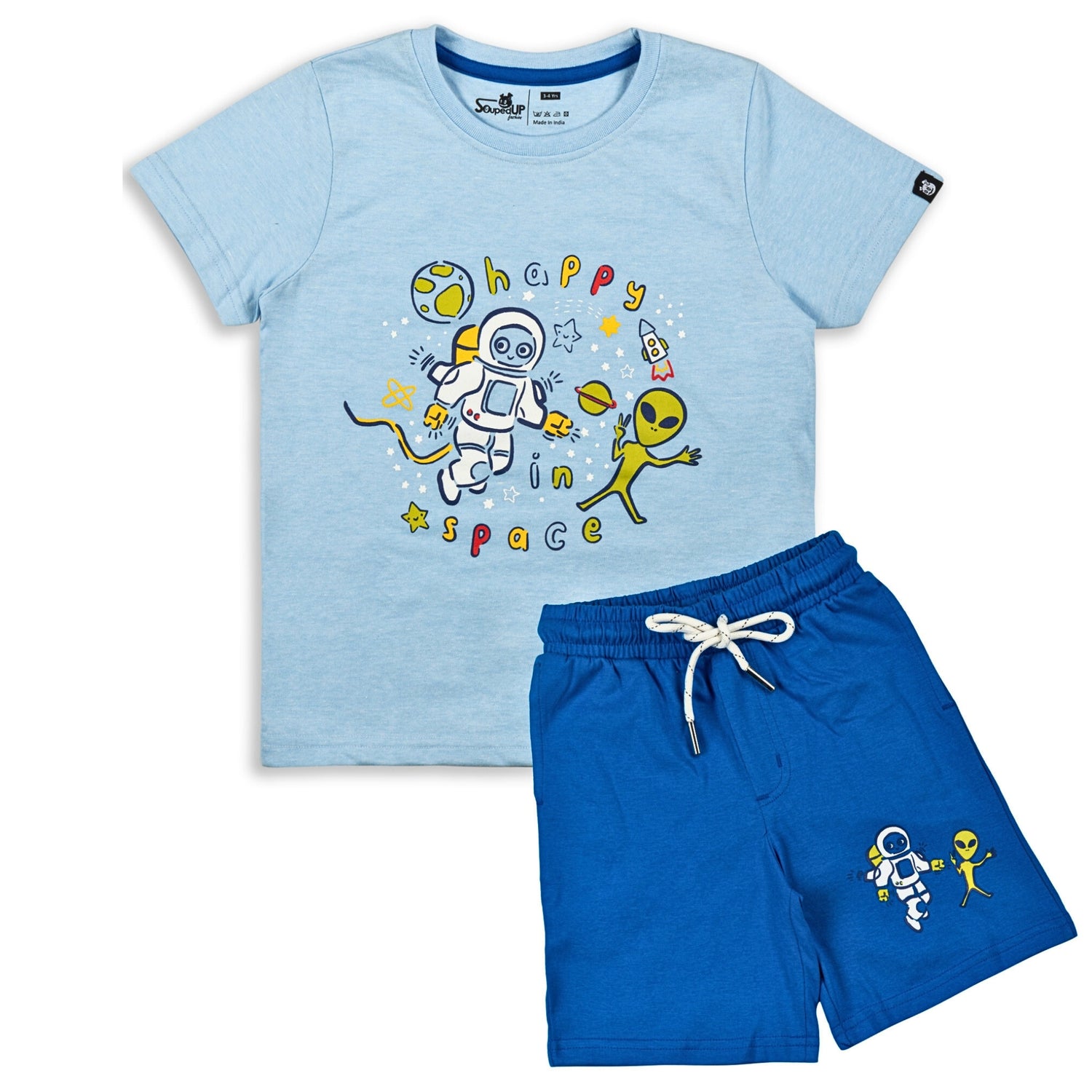 Happy Space Sky Blue Printed Boys T-Shirt with Royal Blue Shorts 2-8 Yrs