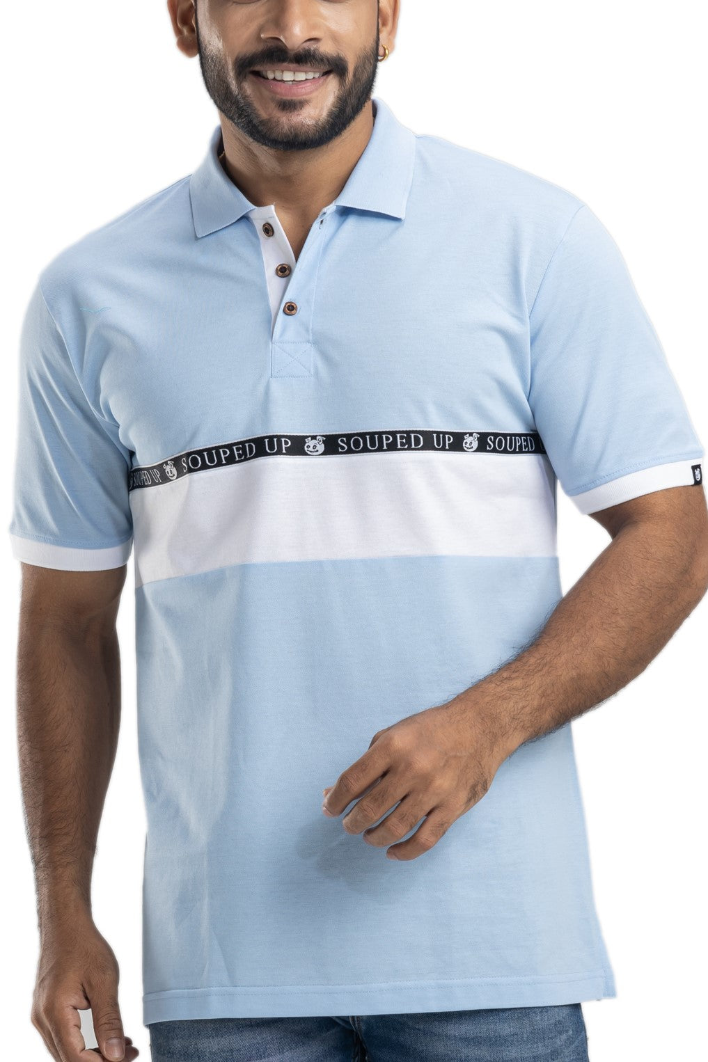 Cut & Sew Sky Blue Half Sleeves Cotton Polo T-Shirt