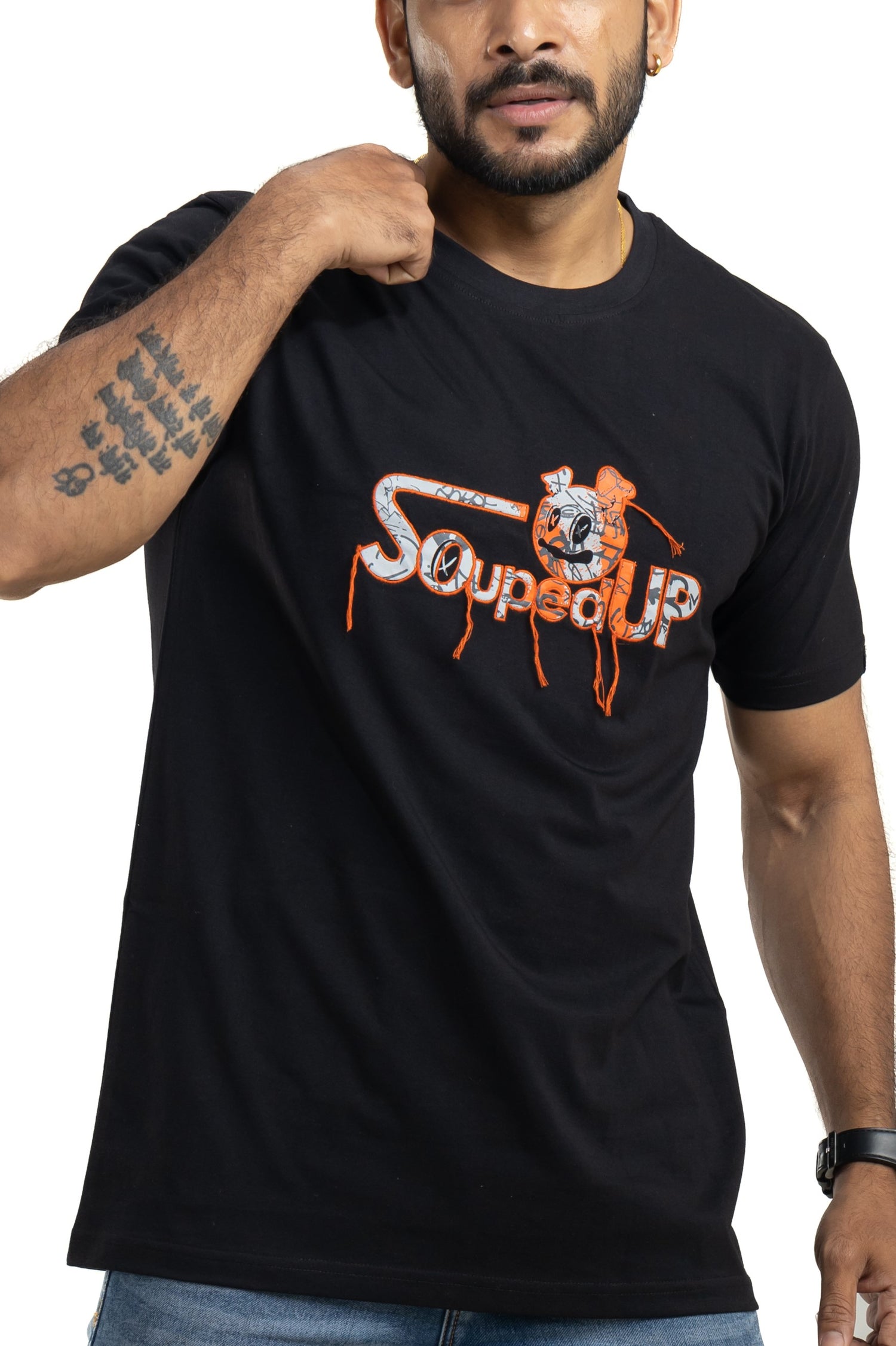 Souped Up Jet Black Printed & Embroidered T-Shirt