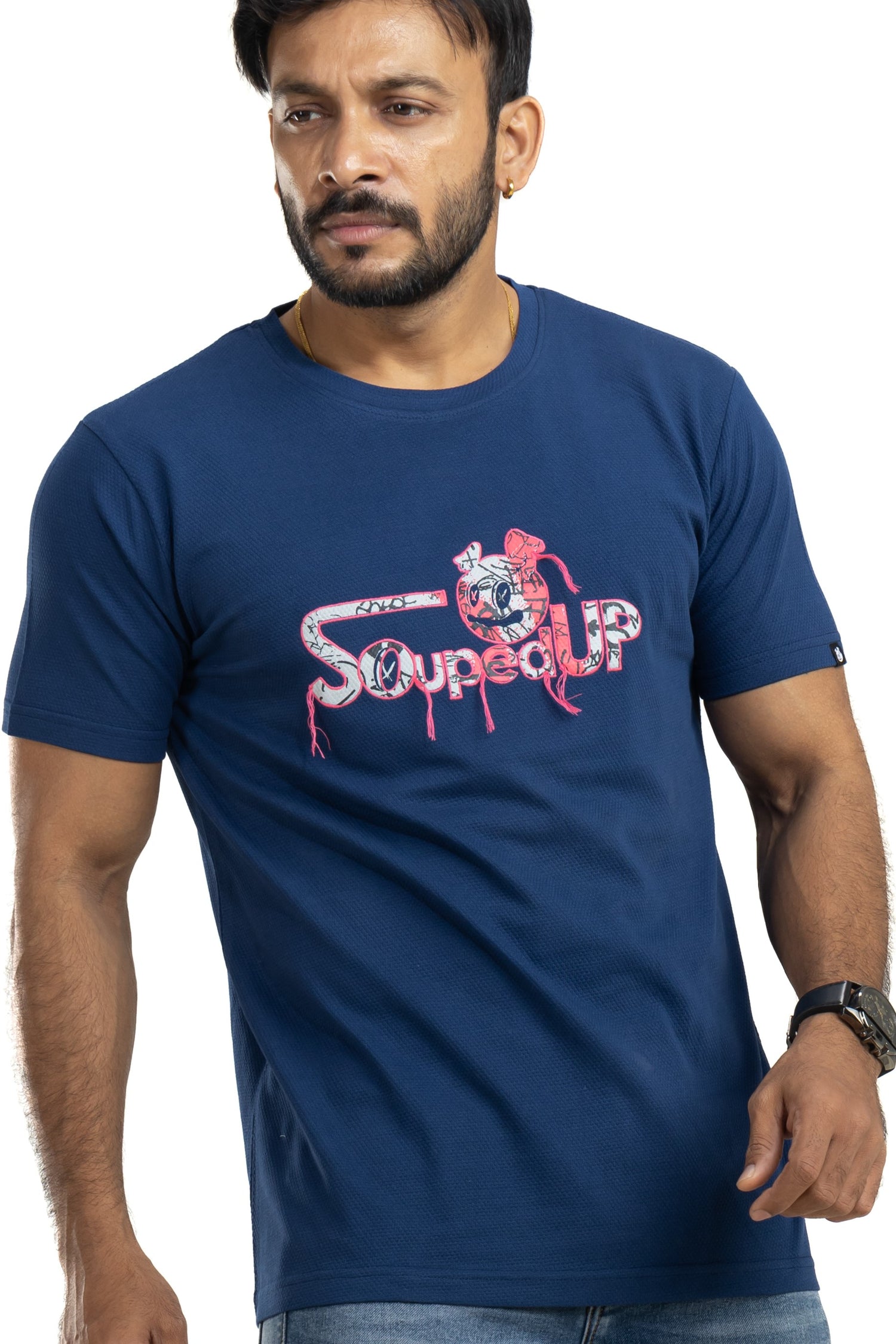 Souped Up Navy Printed & Embroidered T-Shirt